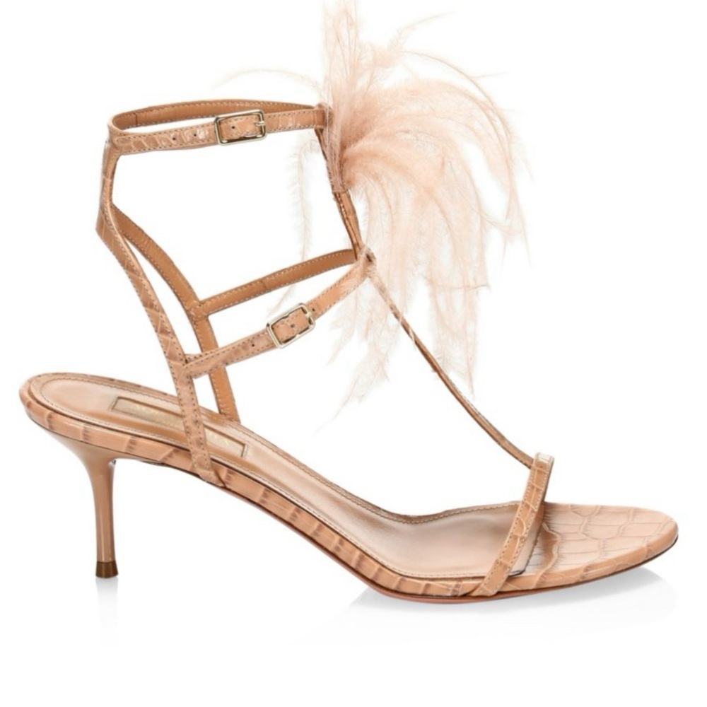 Ponza Feather-Trimmed Croc-Embossed Leather Sandals Size 9.5
